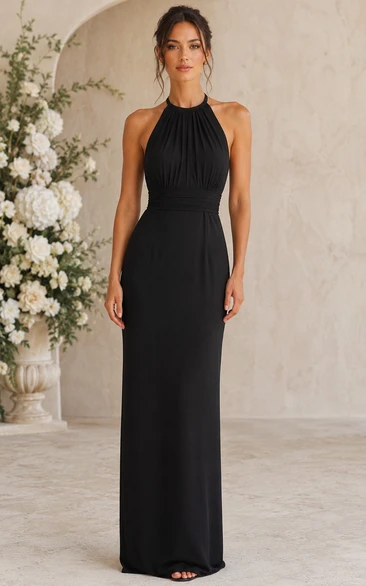 Black High Neck Halter Sheath Bridesmaid Dress
