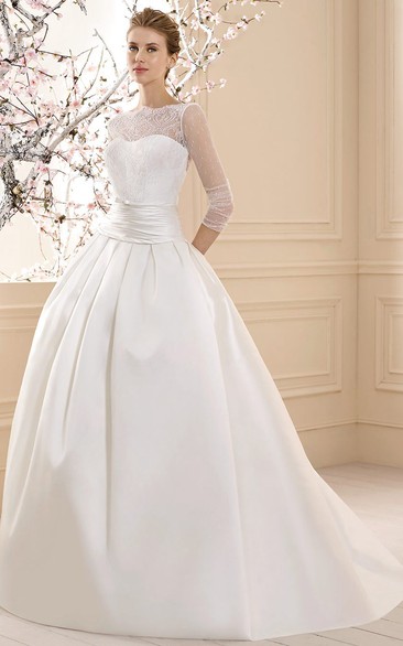 Long 3-4-Sleeve Lace High-Neck Satin Wedding Dress