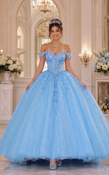 Off-the-Shoulder Glitter Quinceanera Ball Gown