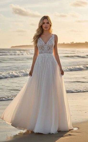 Lace V-Neck Beach Tulle Wedding Dress with Sheer Skirt