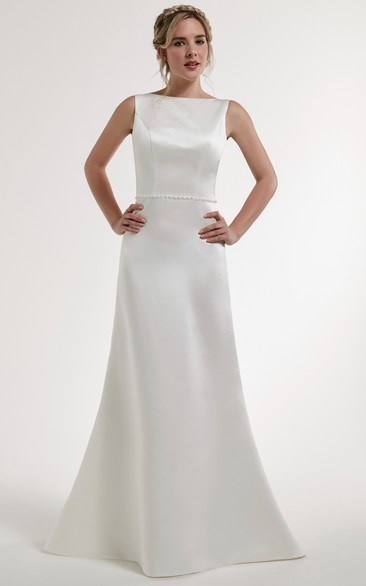 Sheath Jeweled Jewel Floor-Length Sleeveless Satin Wedding Dress With Backless Style And Sweep Train