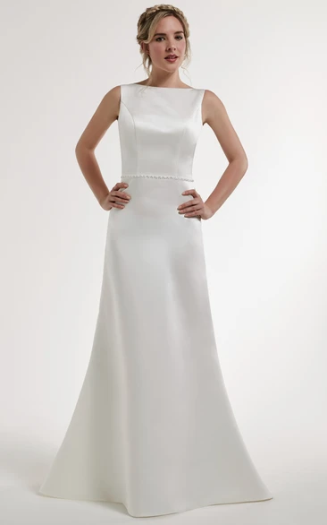 Sheath Jeweled Jewel Floor-Length Sleeveless Satin Wedding Dress With Backless Style And Sweep Train