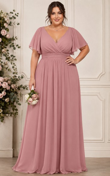 Plus Size Dusty Rose A-Line Chiffon V-Neck Bridesmaid Dress with Flutter Sleeves