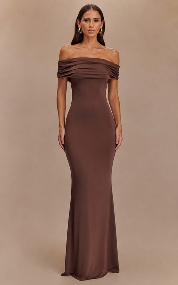 Jersey Evening Dress in Chocolate, Off-the-shoulder Mermaid Floor-Length Gown with Ruching