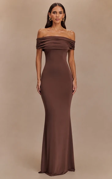 Jersey Evening Dress in Chocolate, Off-the-shoulder Mermaid Floor-Length Gown with Ruching