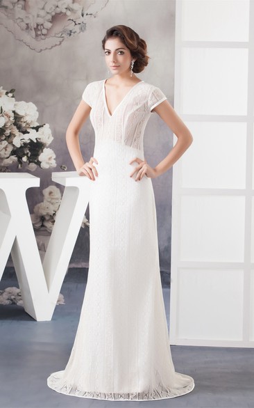 Plunged Sheath Caped-Sleeve Sweep Train and Dress With Lace