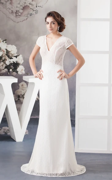 Plunged Sheath Caped-Sleeve Sweep Train and Dress With Lace