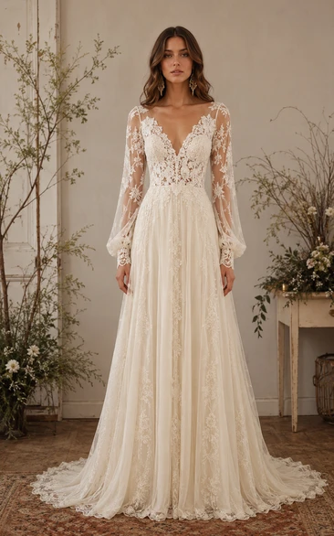 Long Sleeve Lace A-Line Vintage Wedding Dress