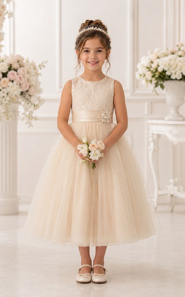 Champagne Tea-Length A-Line Lace Flower Girl Dress with Bow Sash