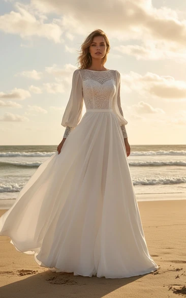 Bateau Neck Puff Sleeve Chiffon Beach Wedding Dress