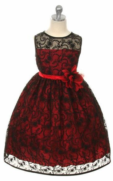 Tea-Length Illusion Tiered Lace&Satin Flower Girl Dress