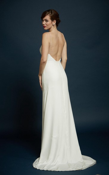 Charmeuse Sheath Sleeveless Sage Bridesmaid Dress With Spaghetti Straps and Open Back