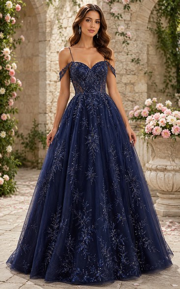 Tulle Prom Dress in Dark Navy, Off-the-shoulder, Sweetheart Ball Gown Floor-Length Gown with Appliques and Beading