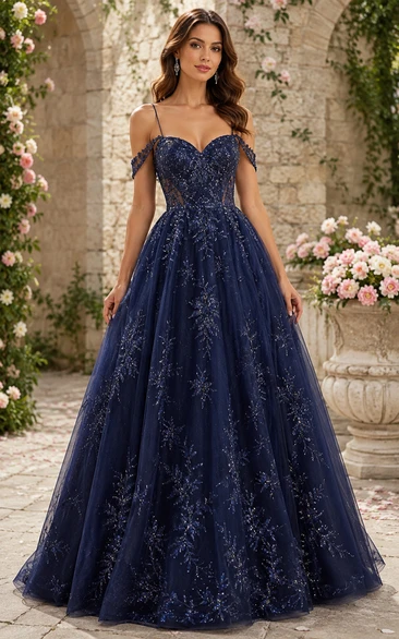 Tulle Prom Dress in Dark Navy, Off-the-shoulder, Sweetheart Ball Gown Floor-Length Gown with Appliques and Beading