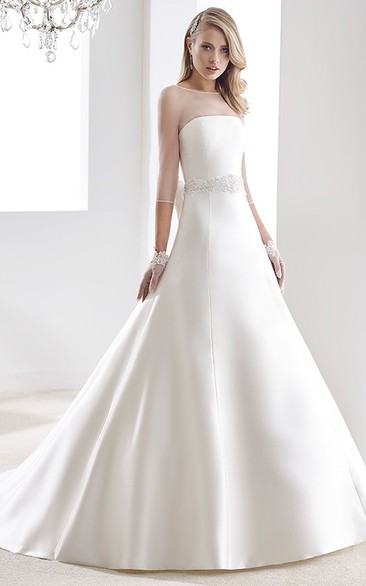 Cap-Sleeve Sheath Lace Gown With Illusion Neckline And Brush Train