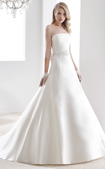 Cap-Sleeve Sheath Lace Gown With Illusion Neckline And Brush Train