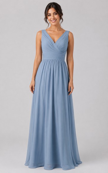 Steel Blue V-neck Chiffon A-Line Bridesmaid Dress