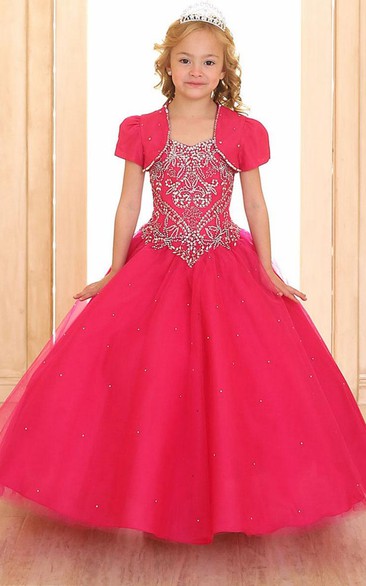 Tiered Beaded Tulle&Lace Flower Girl Dress With Corset Back