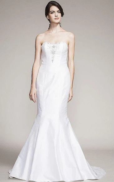 Trumpet Long Strapless Sleeveless Beaded Taffeta Wedding Dress