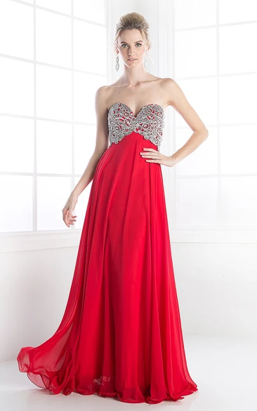 A-Line Long Sweetheart Empire Chiffon Lace-Up Dress With Beading And Pleats