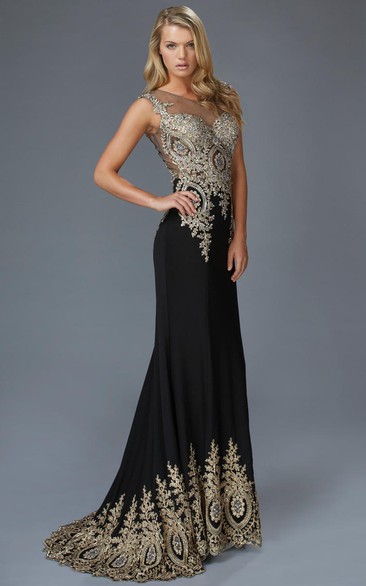 Sheath Maxi Bateau Sleeveless Jersey Illusion Dress With Beading And Pleats