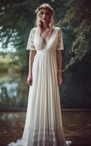 Casual V-neck Half-sleeve Godness Chiffon Pleated Lace Wedding Dress