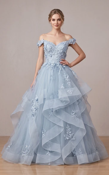 Light Blue Off-the-Shoulder Embroidered Ball Gown