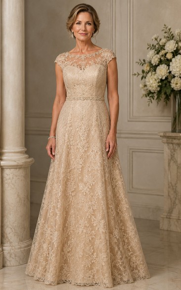 Champagne Cap Sleeve Lace A-Line Mother Dress