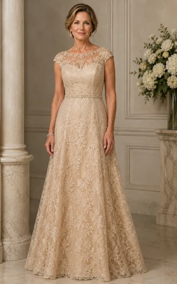 Champagne Cap Sleeve Lace A-Line Mother Dress