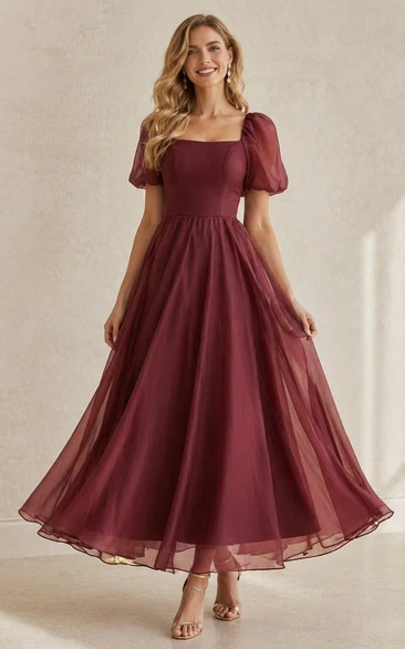 Burgundy Square Neck Midi Dress with Sheer Puff Sleeves and Flowy Chiffon Skirt