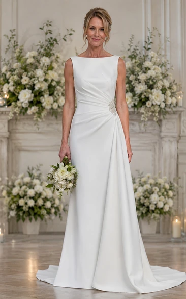 Sleeveless Bateau A-Line Older Brides Wedding Dress with V Back