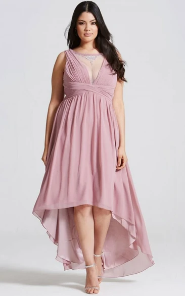 High-Low Sleeveless Bateau Neck Ruched Chiffon Bridesmaid Dress