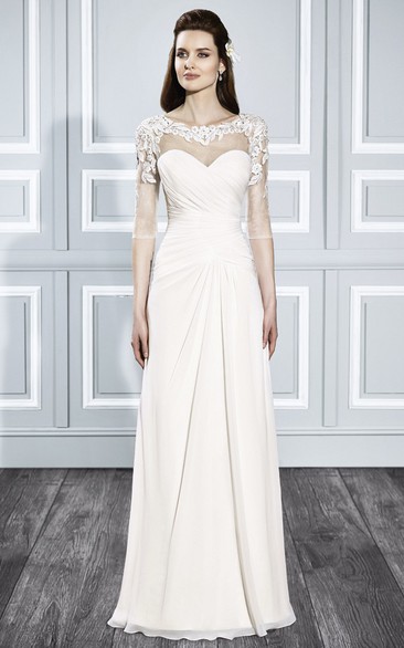 Sheath Appliqued Half-Sleeve Scoop-Neck Chiffon Wedding Dress With Criss Cross And Illusion