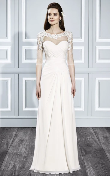 Sheath Appliqued Half-Sleeve Scoop-Neck Chiffon Wedding Dress With Criss Cross And Illusion