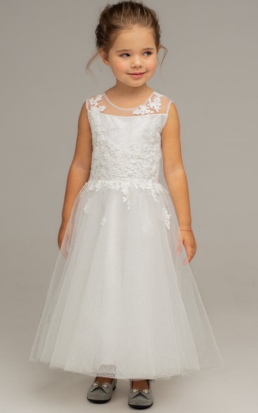 Simple Bateau A Line Tulle Ankle-length Sleeveless Flowergirl Dress with Ruching