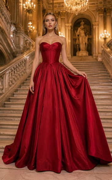 Vestido de gala rojo de satén sin tirantes con falda larga hasta el suelo.