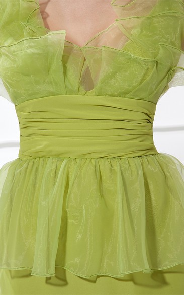 V-Neck Short Ruched Peplum and Dress With Ruffles