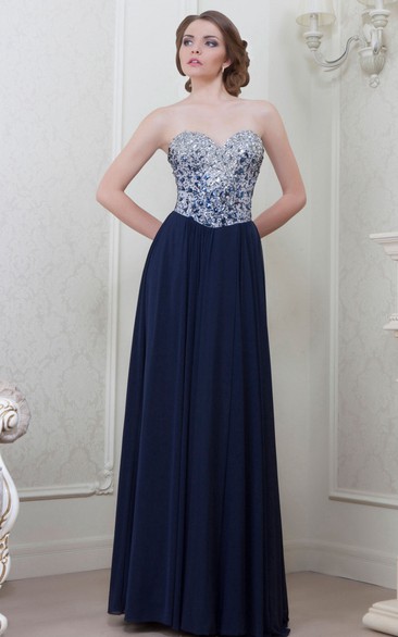 A-Line Crystal Maxi Sweetheart Sleeveless Chiffon Evening Dress