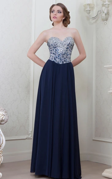 A-Line Crystal Maxi Sweetheart Sleeveless Chiffon Evening Dress