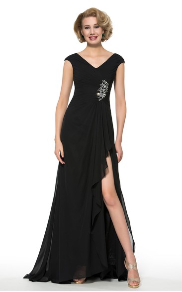 Elegant Chiffon V-Neck Cap Sleeve Long Dress with Beading