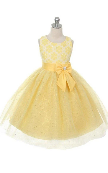 Sleeveless Scoop-neck A-line Dress With Sequins and Bow