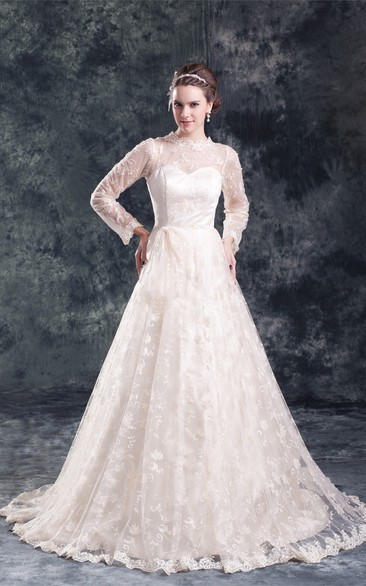 Amazing Satin Appliqued Long Sleeve a Line High Neck Wedding Dresses