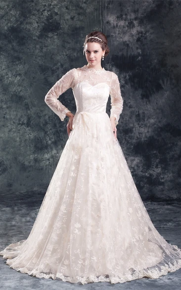 Amazing Satin Appliqued Long Sleeve a Line High Neck Wedding Dresses