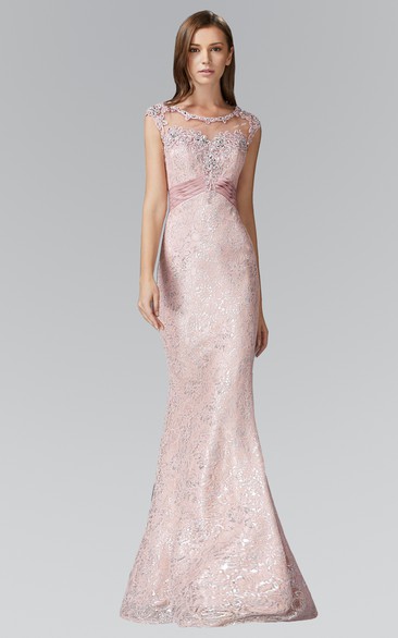 Sheath Long Scoop-Neck Cap-Sleeve Lace Keyhole Dress With Beading