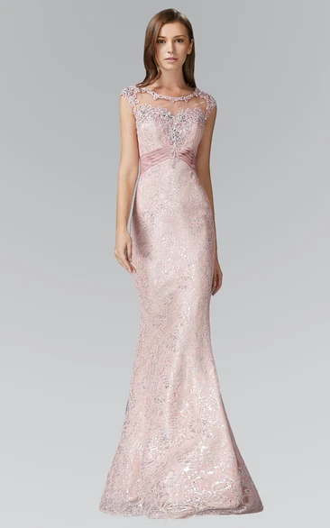 Sheath Long Scoop-Neck Cap-Sleeve Lace Keyhole Dress With Beading