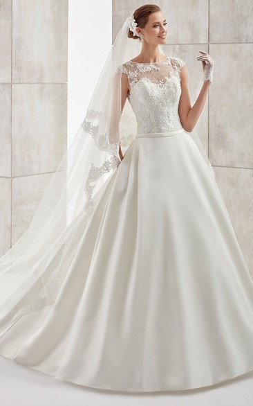 Jewel-Neck Cap-Sleeve A-Line Satin Wedding Dress With Lace Bodice And Illusive Design