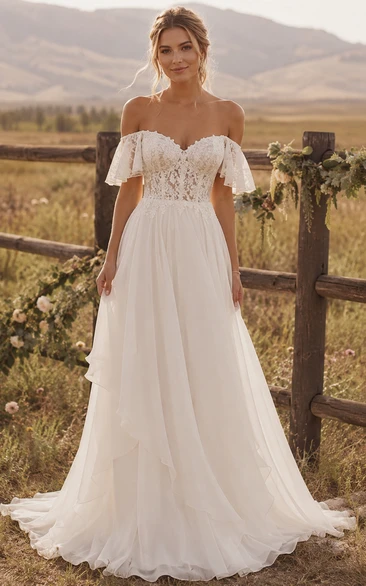 Off-the-Shoulder A-Line Country Wedding Dress with Lace Bodice and Poet Sleeves