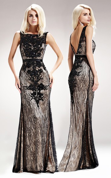 Sheath Long Bateau Sleeveless Lace Deep-V Back Dress With Appliques