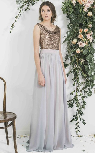 Sequined Sleeveless Cowl Neck Chiffon Bridesmaid Dress