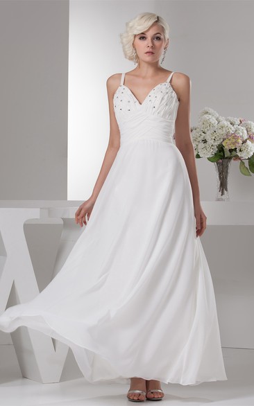 Spaghetti-Strap Chiffon Ankle-Length Ruching and Dress With Beading